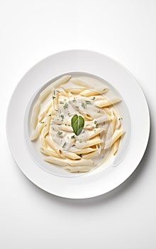 White sauce penne pasta in a white pasta plate