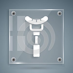 White Sausage on the fork icon isolated on grey background. Grilled sausage and aroma sign. Square glass panels. Vector