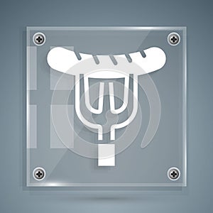 White Sausage on the fork icon isolated on grey background. Grilled sausage and aroma sign. Square glass panels. Vector