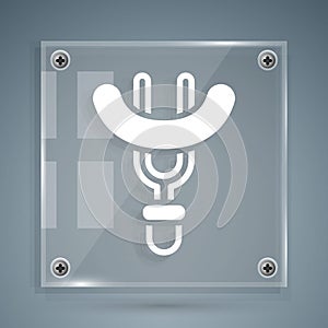 White Sausage on the fork icon isolated on grey background. Grilled sausage and aroma sign. Square glass panels. Vector
