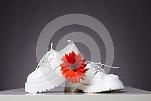 white sboots with red flower. fashion shoes still life