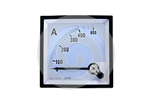 The white scale of analog ammeter with zero position of the indicator, isolated on white background.
