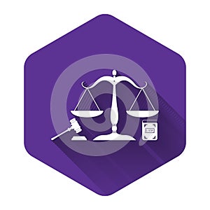 White Scales of justice, gavel and book icon isolated with long shadow. Symbol of law and justice. Concept law. Legal