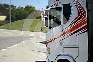 White Scania truck side view photo