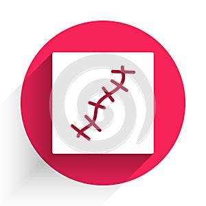White Scar with suture icon isolated with long shadow. Red circle button. Vector