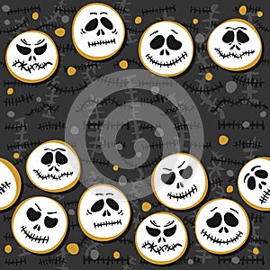 White scary faces Halloween seamless double horizontal border