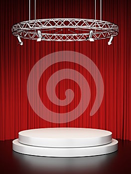 White scene and red curtains