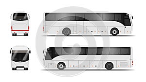 White scheduled bus front back side view set realistic vector illustration public transport