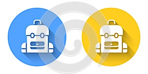 White School backpack icon isolated with long shadow background. Circle button. Vector