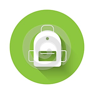 White School backpack icon isolated with long shadow background. Green circle button. Vector