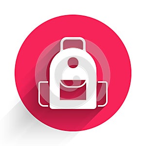 White School backpack icon isolated with long shadow. Red circle button. Vector