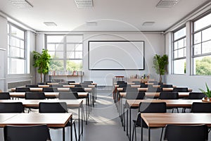 White school classroom Interior. Empty room with white walls, comfortable desks, chairs, blank whiteboard