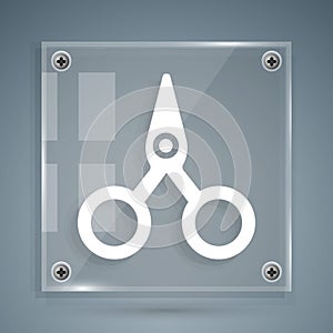 White Scissors icon isolated on grey background. Cutting tool sign. Square glass panels. Vector Illustration