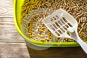 White scoop on a wooden pellets in a green cat litter box. Plastic cat toilet tray on a brown wooden floor. Toilet for domestic