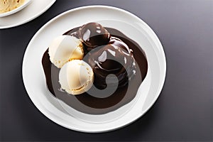White scoops of vanilla ice cream drizzled with chocolate topping on a modern white plate. Delicious sweet dessert