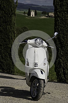 White scooter with green field background