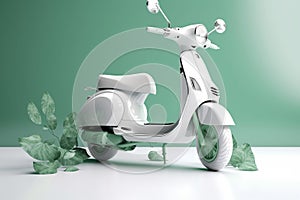 White scooter and green leafs - sustainable and eco friendly or green transportration concept. Generative AI
