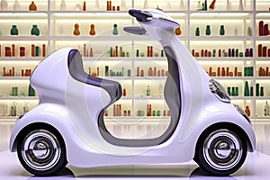 A white scooter is parked in front of a shelf. Generative AI image.