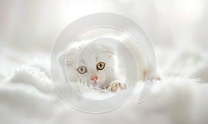 White Scottish Fold kitten on white blanket, close-up portrait