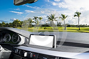 White Screen system display for GPS Navigation and Multimedia technology in car. White copy space of touch screen. Car dashboard