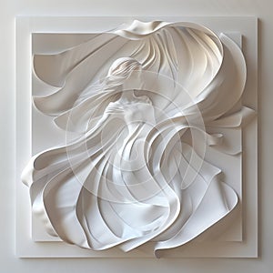 White sculpture of a woman with long hair swirling in the wind