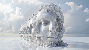 White Sculpture of Womans Head With Clouds Background, AI Generated