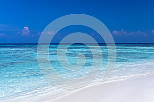 white sea beach with blue sea and sky, beautiful nature, sea beach background