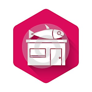 White Seafood store icon isolated with long shadow. Facade of seafood market. Pink hexagon button. Vector.