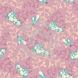 White seagreen jasmines bunches on teapink twigs texture background vector seamless pattern.