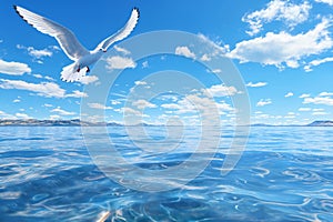 A white seagull flies over the water against a bright blue sky with white clouds