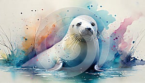 white seal portrait with watercolors