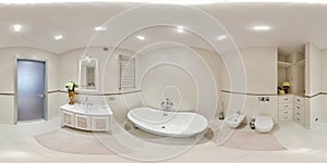 White seamless 360 hdr panorama in interior of expensive bathroom in modern flat apartments with bidet and washbasin in