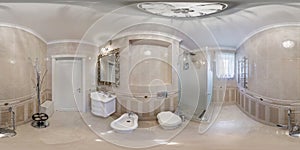 White seamless 360 hdr panorama in interior of expensive bathroom in modern flat apartments with bidet and washbasin in