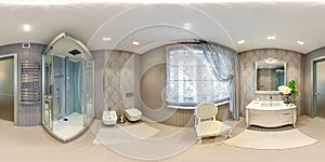 white seamless 360 hdr panorama in interior of expensive bathroom in modern flat apartments with bidet and washbasin in