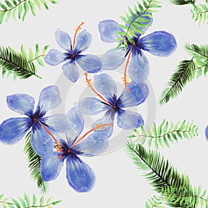 White Seamless Hibiscus. Blue Pattern Exotic. Natural Tropical Background. Green Flower Plant. Organic Drawing Texture.
