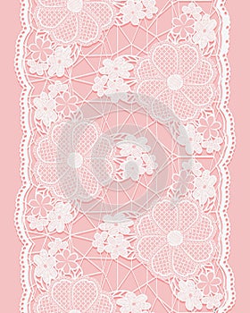 White seamless lace ribbon on pink background. Vertical border of floral elements.