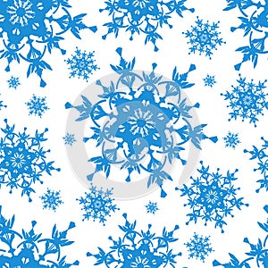 White seamless pattern with blue snowflakes