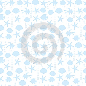 White seamless pattern with light blue silhouettes of fishes and starfishes and sea shells