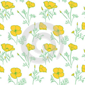 white seamless pattern with yellow poppies - vector background