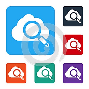 White Search cloud computing icon isolated on white background. Magnifying glass and cloud. Set icons in color square