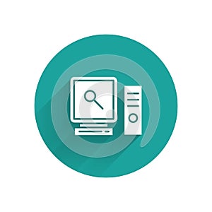 White Search on computer screen icon isolated with long shadow. Screen and magnifying glass. Green circle button. Vector