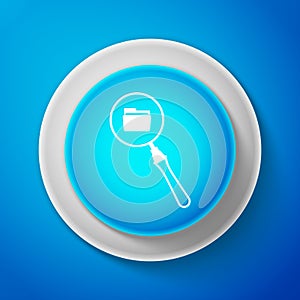 White Search concept with folder icon isolated on blue background. Magnifying glass and document. Data and information