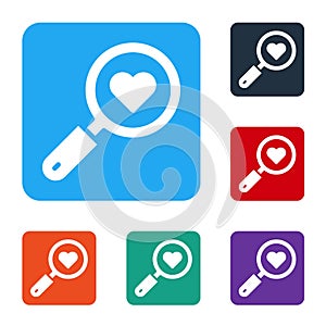 White Search heart and love icon isolated on white background. Magnifying glass with heart inside. Set icons in color square