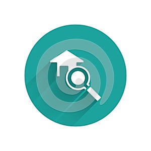 White Search house icon isolated with long shadow background. Real estate symbol of a house under magnifying glass