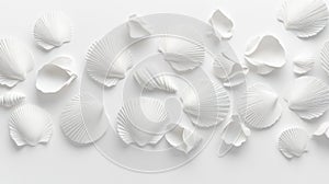 Minimalist Composition of White Seashells on White Background, Scallop Shells Macro Texture