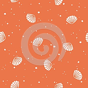 White seashells on a red background. Vector Seamless pattern