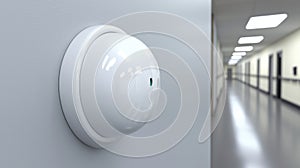 A white security camera with a green lens.