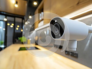 White Security Camera Mounted in a Modern Kitchen