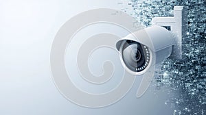 A white security camera mounted on a wall, with a blue and white digital background