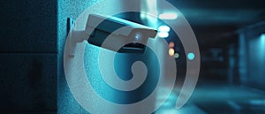 A White Security Camera Mounted on a Wall in a Dark Hallway